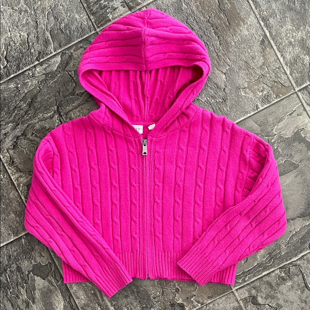 GAP KIDS Pink Hooded Zip-up CableKnit Sweater | Preppy Coastal Cottagecore Cozy